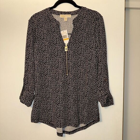 Michael Kors Women’s Black Tan Giraffe Print Zipper Shirt Small NWT - Picture 1 of 10